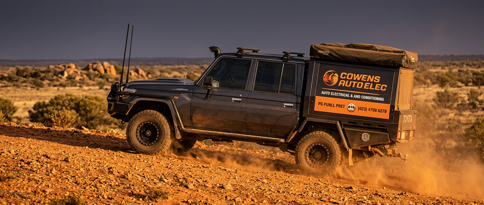 The Cowens Auto Elec branded LandCruiser dual-cab service ute